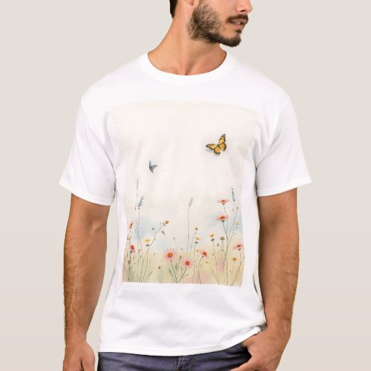 パステル水彩の野の花と蝶々 Tシャツ (正面)