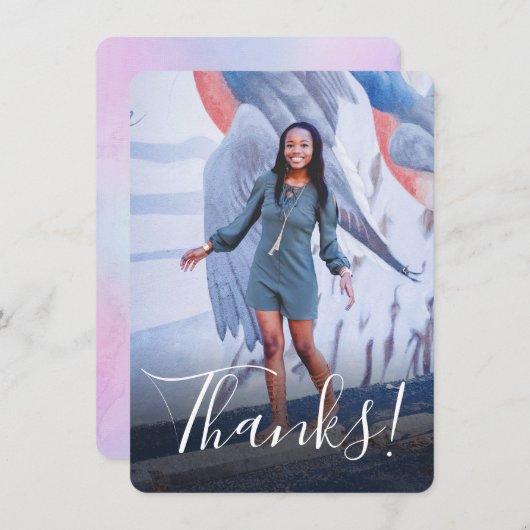 パステル水彩フル写真パープルカード サンキューカード (正面/裏面)