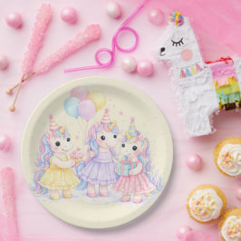 パステル水彩ユニコーンガールズの誕生日 ペーパープレート