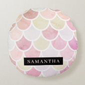 パステル水彩人魚はかりで測模様(名前) ラウンドクッション (正面)
