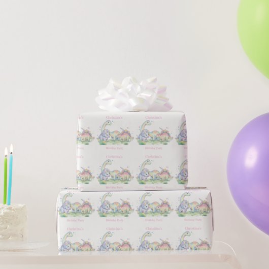 パステル水彩恐竜の誕生日パーティーの名前 ラッピングペーパー (パーティーギフト)