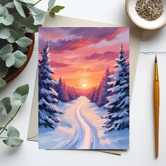 パステル水彩画 冬の松林の夕焼け ポストカード