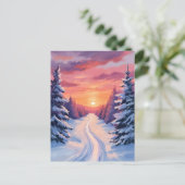 パステル水彩画 冬の松林の夕焼け ポストカード (スタンド正面)