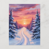 パステル水彩画 冬の松林の夕焼け ポストカード (正面)