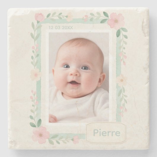 パステル水彩花模様の空のフォトフレーム ストーンコースター (正面)