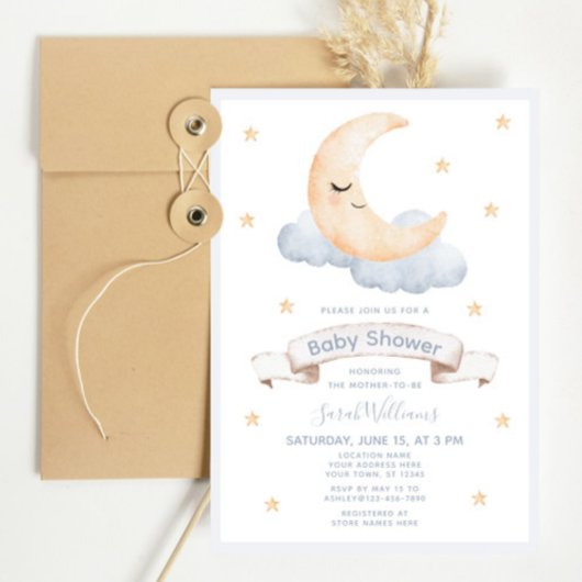 パステル水彩 月と星のスクリプト ベビーシャワー 招待状