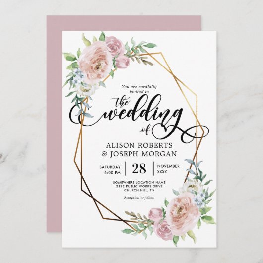 パステル水色フローラ幾何結婚フレーム 招待状 (正面/裏面)