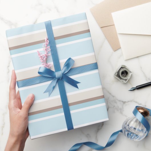 パステル海ブルーベージュブラウンホワイトストライプパターン ラッピングペーパー (ギフト)