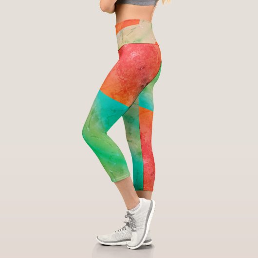 パステル淡い色のターコイズコーラル抽象芸術アート カプリレギンス (左)