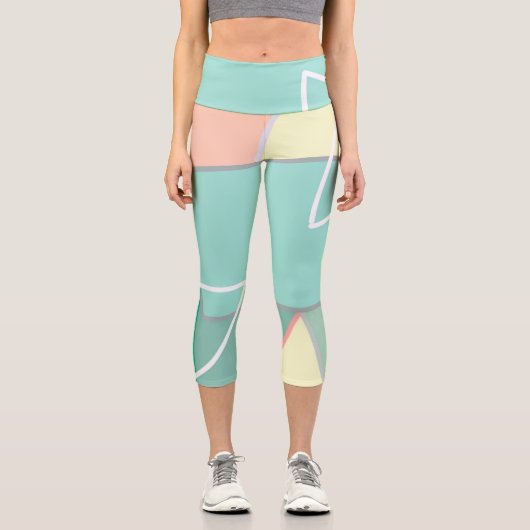 パステル淡い色のターコイズピンク抽象芸術アートラインズ カプリレギンス (正面)