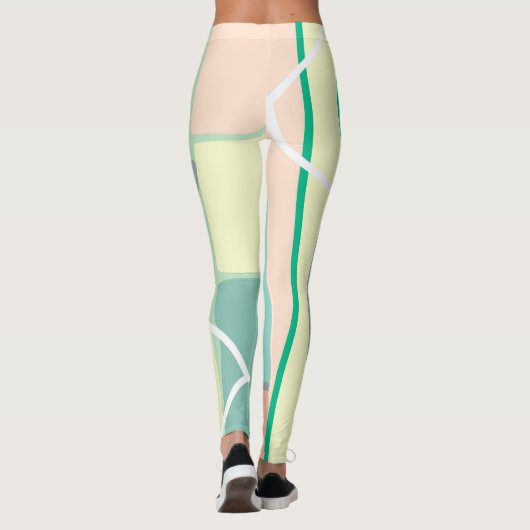 パステル淡い色のターコイズピンク抽象芸術アートライン レギンス (裏面)
