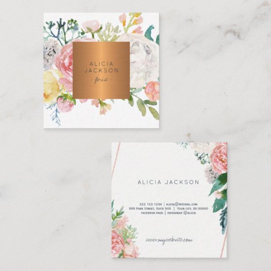 パステル牡丹バラバラ金ゴールド銅ラベルフローリスト スクエア名刺 (正面/裏面)