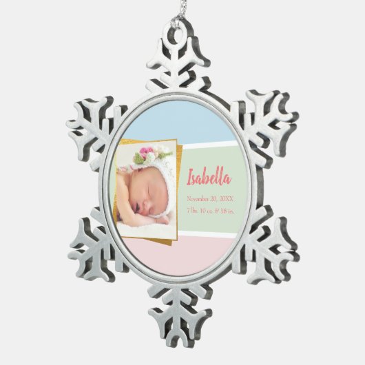 パステル生まれたばかりのベビーガール写真誕生レコード統計 スノーフレークピューターオーナメント (右)