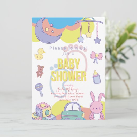 パステル男女兼用ベビーシャワー招待状 招待状 (スタンド正面)