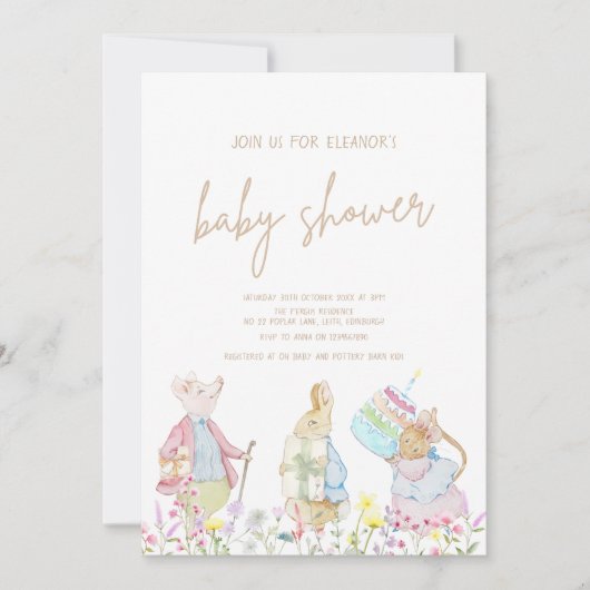 パステル男女兼用ペーターザラビットベイビーシャワー 招待状 (正面)