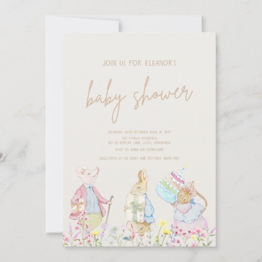 パステル男女兼用ペーターザラビットベイビーシャワー 招待状 (正面)
