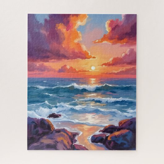 パステル画の海の夕焼け ビーチの絵 ジグソーパズル (縦)