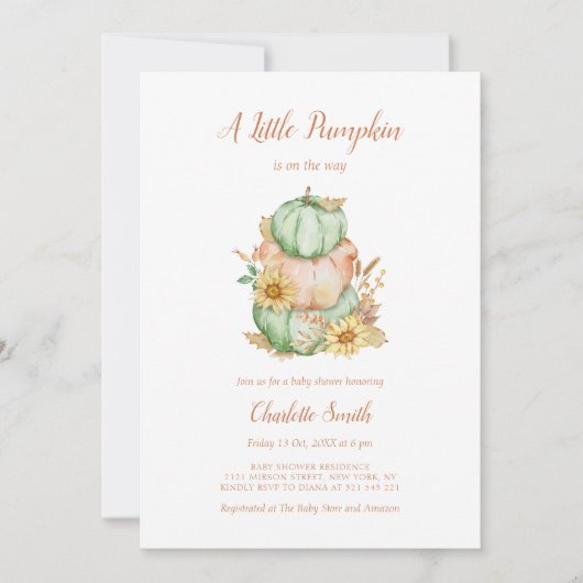 パステル秋ベビーシャワーウォーターカラーパンプキン 招待状 (正面)