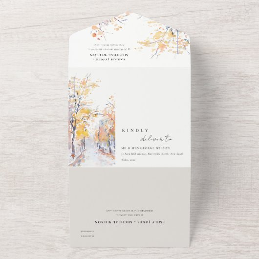 パステル素朴イエロー秋秋ランドスケープ結婚ズ オールインワン招待状 (外側)