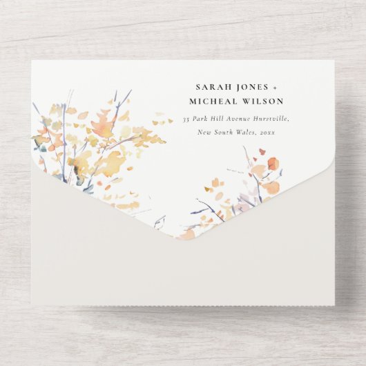 パステル素朴イエロー秋秋ランドスケープ結婚ズ オールインワン招待状 (裏面)