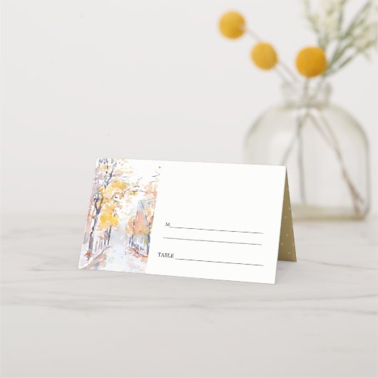 パステル素朴イエロー秋秋ランドスケープ結婚ズ プレイスカード (裏面)