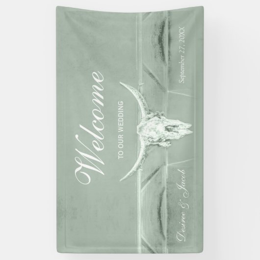 パステル素朴セージグリーンウエスタンカウズスカルウェルカム 横断幕 (縦)