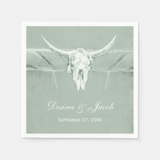 パステル素朴セージグリーンホワイトウエスタンカウズスカル スタンダードカクテルナプキン (正面)