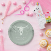 パステル素朴セージグリーンホワイトウエスタンカウズスカル ペーパープレート (パーティー)