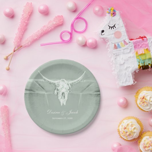 パステル素朴セージグリーンホワイトウエスタンカウズスカル ペーパープレート (パーティー)