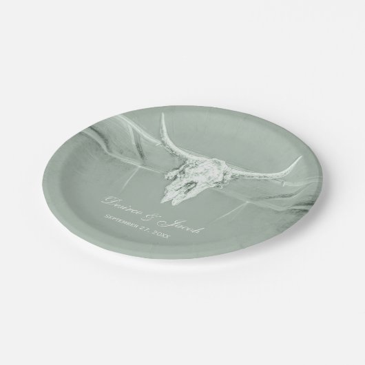 パステル素朴セージグリーンホワイトウエスタンカウズスカル ペーパープレート (アングル)