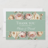 パステル素朴セージグリーン赤面ピンクピオニー結婚ズ サンキューカード (正面)