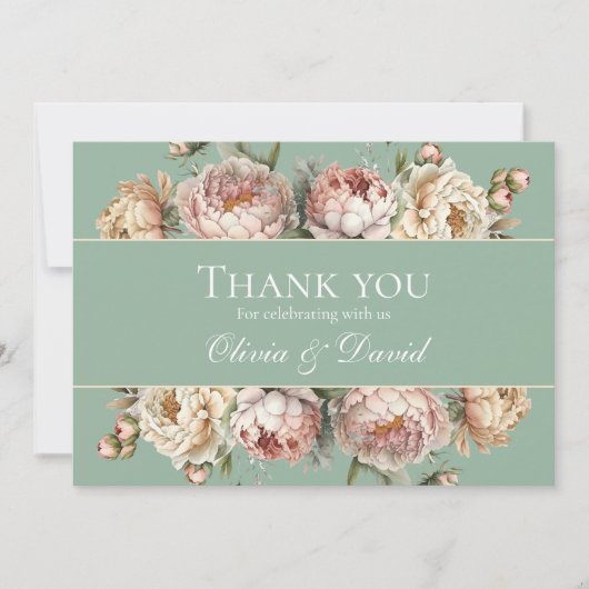 パステル素朴セージグリーン赤面ピンクピオニー結婚ズ サンキューカード (正面)