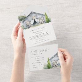 パステル素朴デュスキー納屋周囲の庭ファームテーマ結婚ズ オールインワン招待状