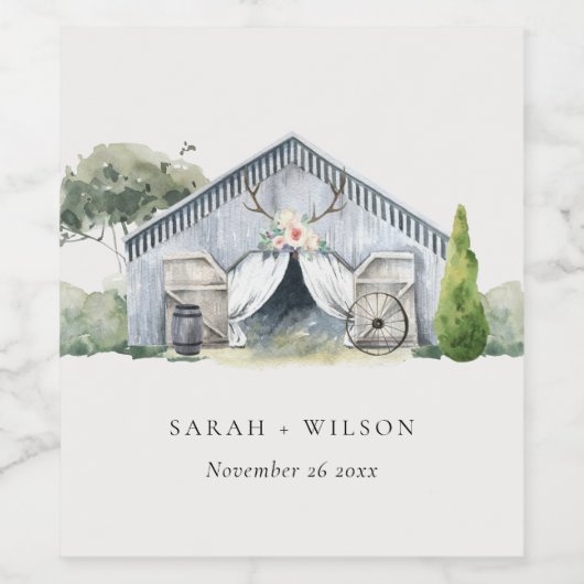 パステル素朴デュスキー納屋周囲の庭ファームテーマ結婚ズ ワインラベル (シングルラベル)