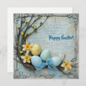 パステル素朴ブルーと黄色のイースターエッグレトロ シーズンカード (正面/裏面)