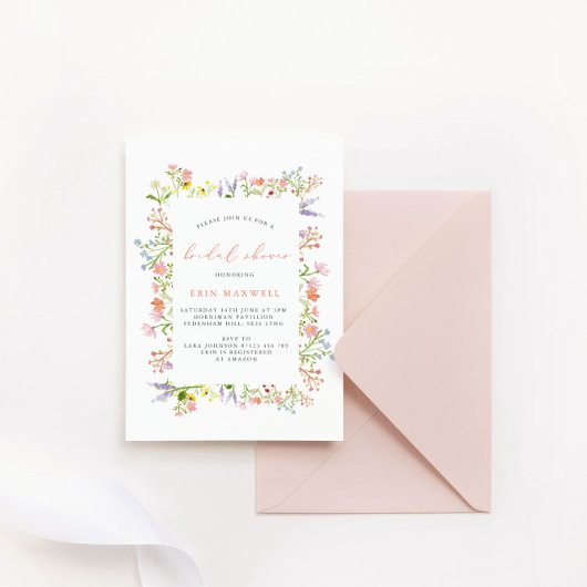 パステル素朴ワイルドフラワーフレームブライダルシャワー 招待状