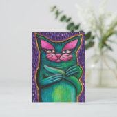 パステル紫背景の少女らしいターコイズキャット ポストカード (スタンド正面)