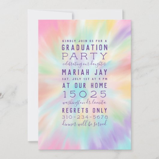 パステル絞り染めタイポグラフィ卒業パーティー 招待状 (正面)