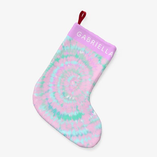 パステル絞り染めパターンピンクアクアミントパーソナライズされた スモールクリスマスストッキング (正面 (吊り時))