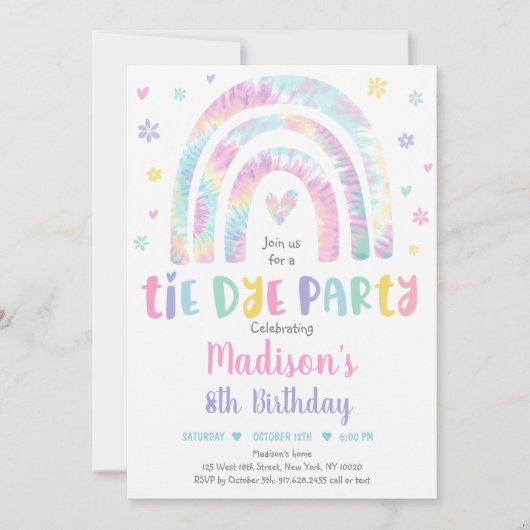 パステル絞り染めレインボーボホヒッパイガールズ誕生日 招待状 (正面)