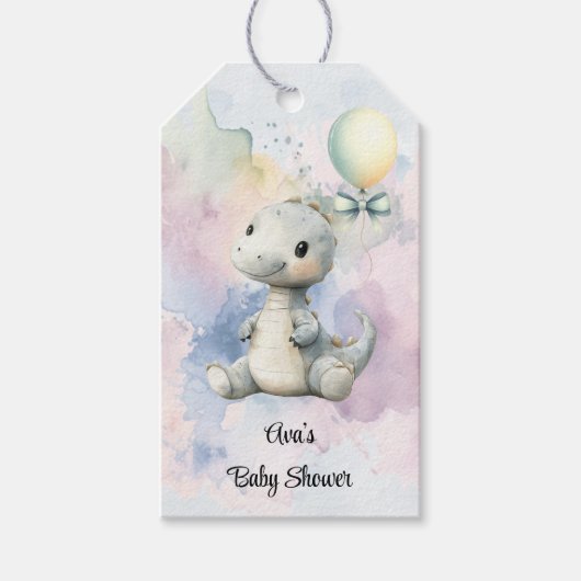 パステル絵を描プスプラッシュ愛らしい恐竜の赤ちゃんシャワー ギフトタグ (正面)