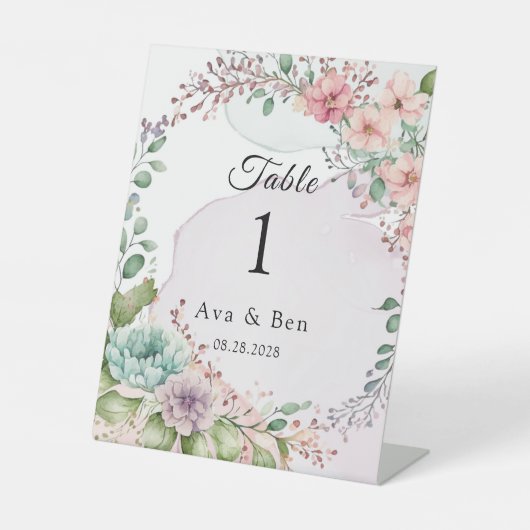 パステル花模様とアルコールインクテーブル番号 台座サイン (正面)