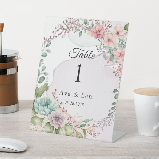 パステル花模様とアルコールインクテーブル番号 台座サイン (インサイチュ)