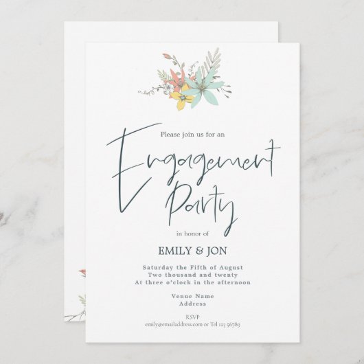パステル花模様ススタイリッシュクリプト婚約パーティ 招待状 (正面/裏面)