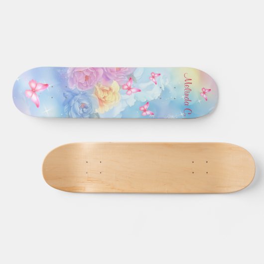 パステル花模様&ピンク蝶レインボークラウド スケートボード (横)