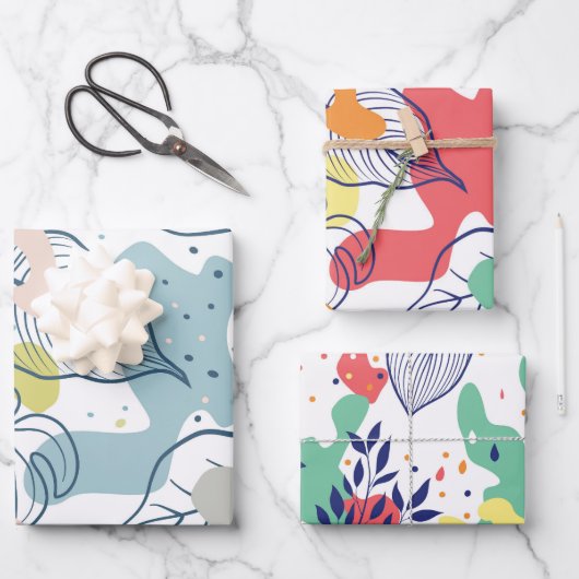 パステル葉の色とオーガニック形状パターン ラッピングペーパーシート (正面)