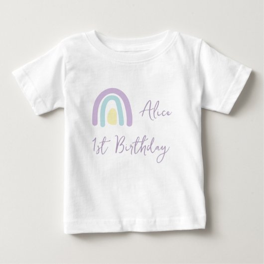 パステル薄紫イエローレインボー1st誕生日パーティー ベビーTシャツ (正面)