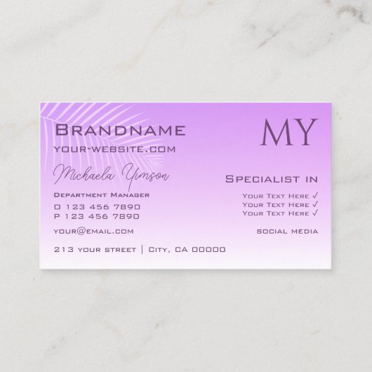 パステル薄紫グラディエントとパームの葉とモノグラム 名刺 (裏面)