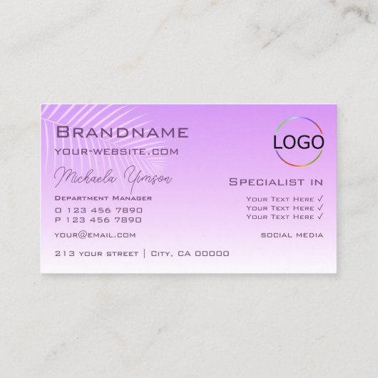 パステル薄紫グラディエントパームリーフモノグラムとロゴ 名刺 (裏面)