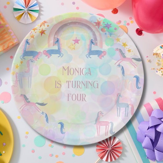 パステル虹の水色ユニコーン子供の誕生日 ペーパープレート